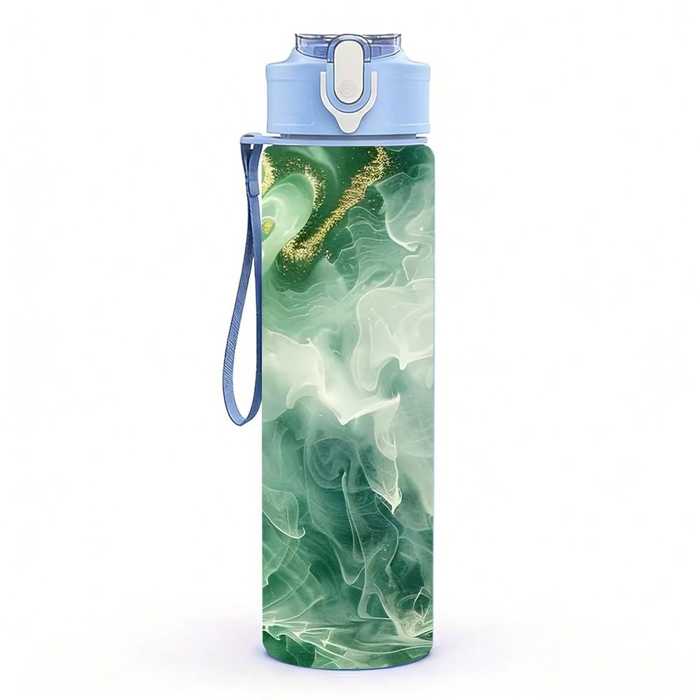 1PC Emerald Green Geode Marble Pattern 750ml Color Plastic Sports Water Bottle Leakproof Flip Straw Lid Suitable for Sports Office Home Use