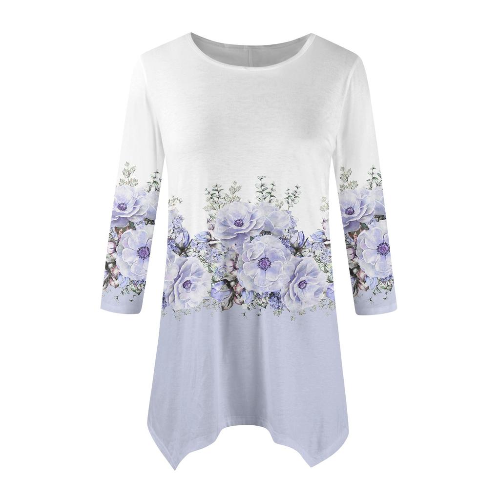 Женская модная повседневная рубашка с круглым вырезом и цветочным принтом, рукавами-семью, свободным удобным топом с поясом