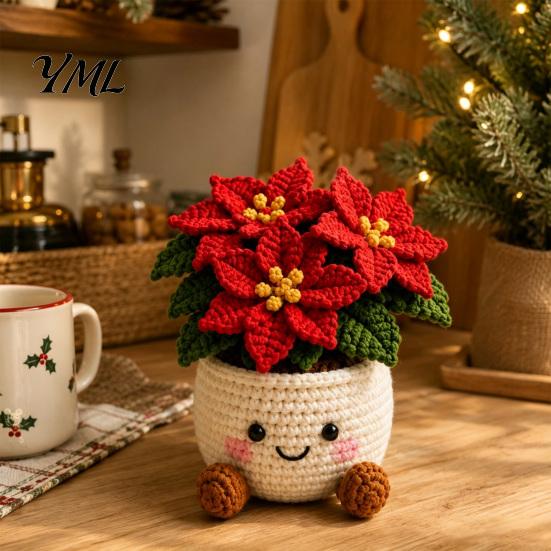 Decorative Yarn Craft for Home Simulated Crochet Christmas Potted Decor, Knitted Mini Artificial Tree Flower Durable Plants Ornament, Cute Festive
