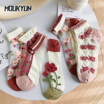 5 пар женских носков Harajuku, летние носки с кружевом и рисунком, повседневные носки, прозрачные эластичные короткие носки для школьниц