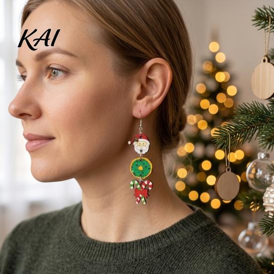 Women Seasonal Accessories 1 Pair Christmas Wooden Dangle Drop Earrings for Women, Cute Santa Fashion Jewelry Gingerbread Candy Cane Earrings, Vintage