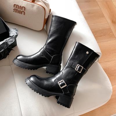 Осень и зима новая обувь на толстом каблуке рыцарские сапоги женские ретро сапоги средней длины задняя молния черные облегающие ботинки Мартин