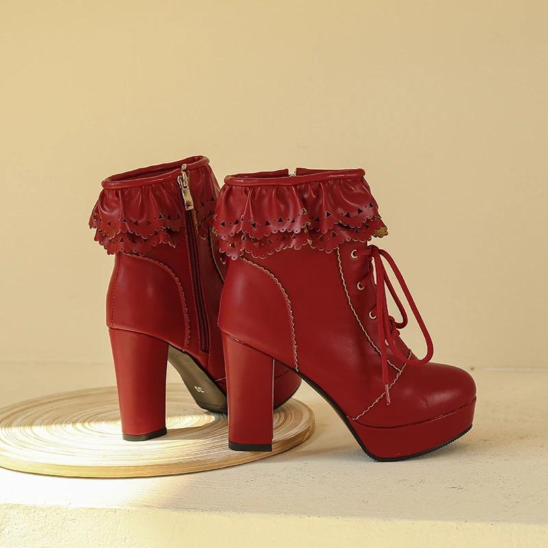 Модные осенне-зимние женские ботинки Лолита, японские милые туфли из искусственной кожи, с оборкой и шнуровкой, принцесса Лолита косплей, ботинки до середины икры