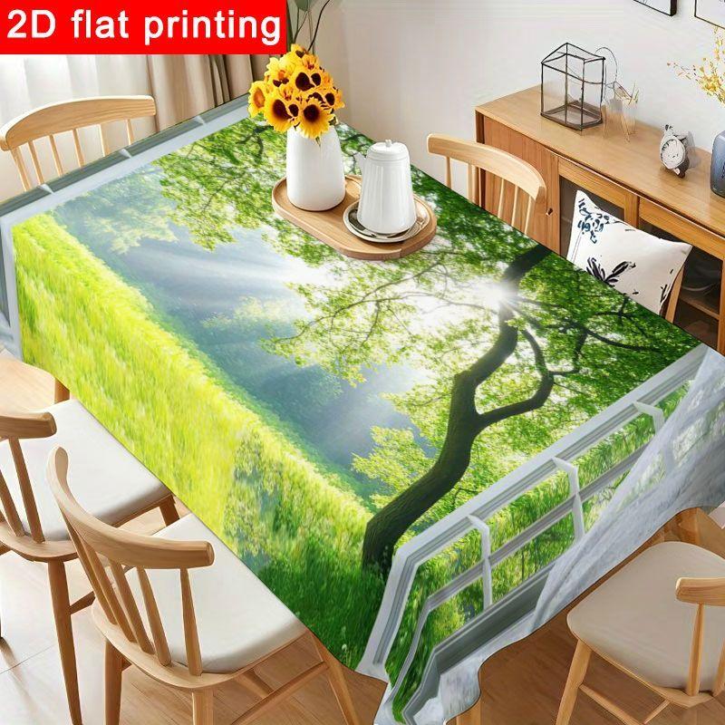 1pc Elegant Sheer White Window View Tablecloth - Tranquil Green Landscape Design, Reusable And Easy to Clean, Perfect for Birthday Parties, Gatherings