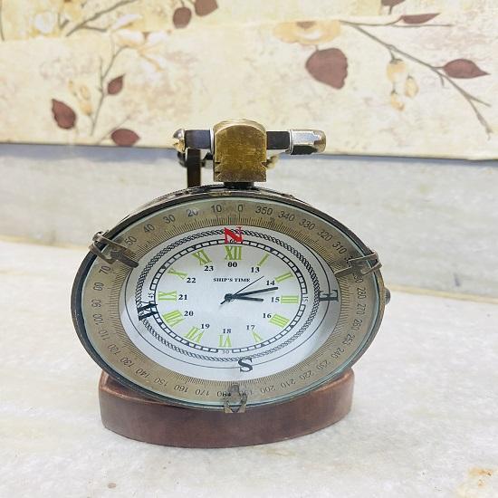 Часы настольные из латуни с деревянной подставкой и кожаным футляром