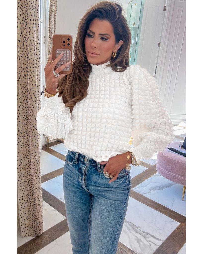 Azura Exchange White Textured Smocked Mock Neck Puff Sleeve Blouse