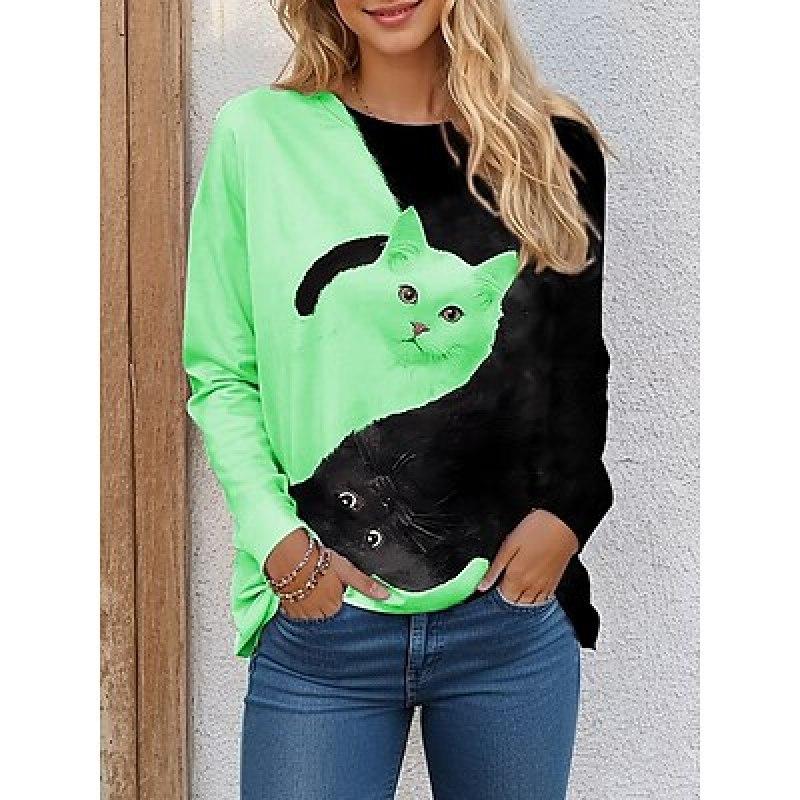 Жен. Футболка Футболка Сердце День святого Валентина Валентина Выходные Черный Лиловый Серый С принтом Длинный рукав Мода Круглый вырез Обычный крой Весна и осень