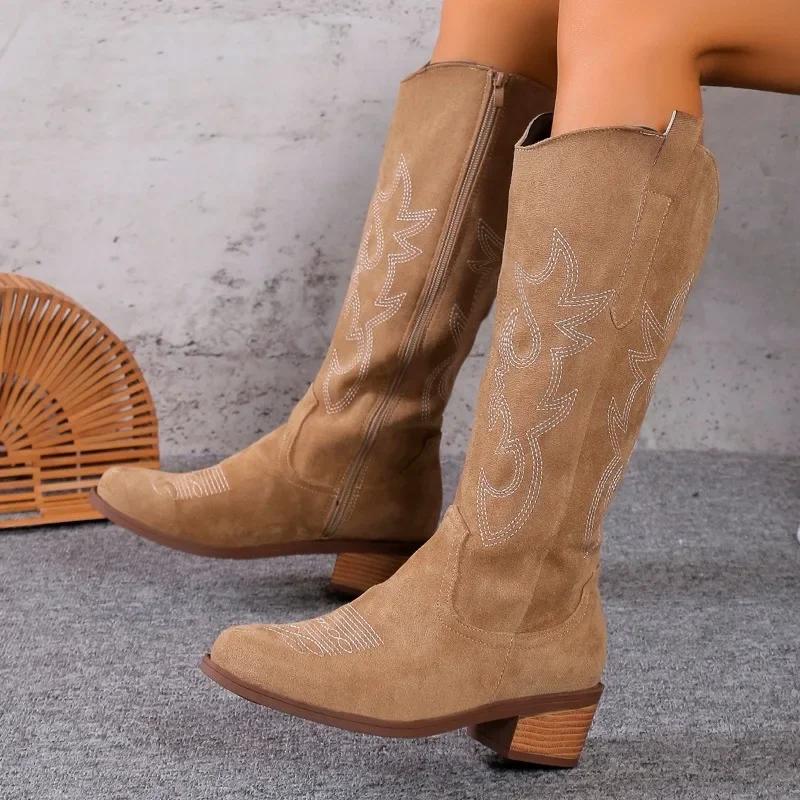Весенне-осенние ботильоны на толстом каблуке с V-образным вырезом, удлиненные, вышитые, в стиле ретро, ковбойские, восстанавливающие древний стиль