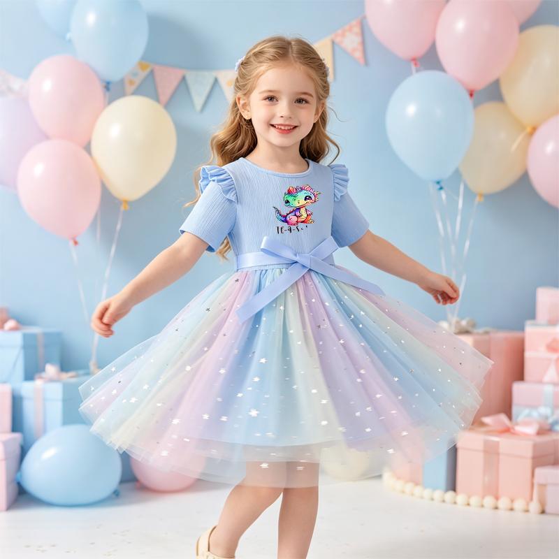 Girls Star Tulle DressRainbow Dinosaur PrintCute Princess Party Dress with Bow, Short Sleeve Summer Dress for Little Girls