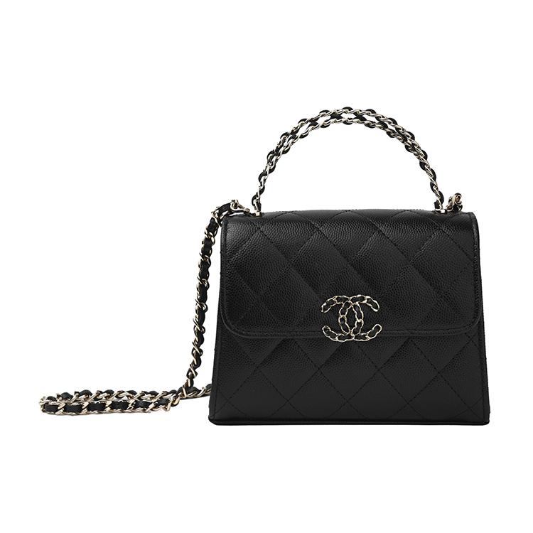 Chanel 23P Сумка Kelly, черная, из зернистой коровьей кожи, с перфорированной ручкой, золотой цепочкой и клапаном, сумка через плечо, женская сумка