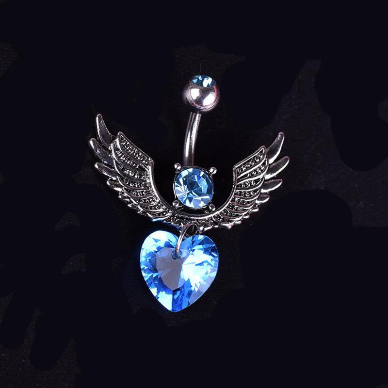 16G Double Gem Heart Wing Navel Belly Button Ring Body Piercing Jewelry
