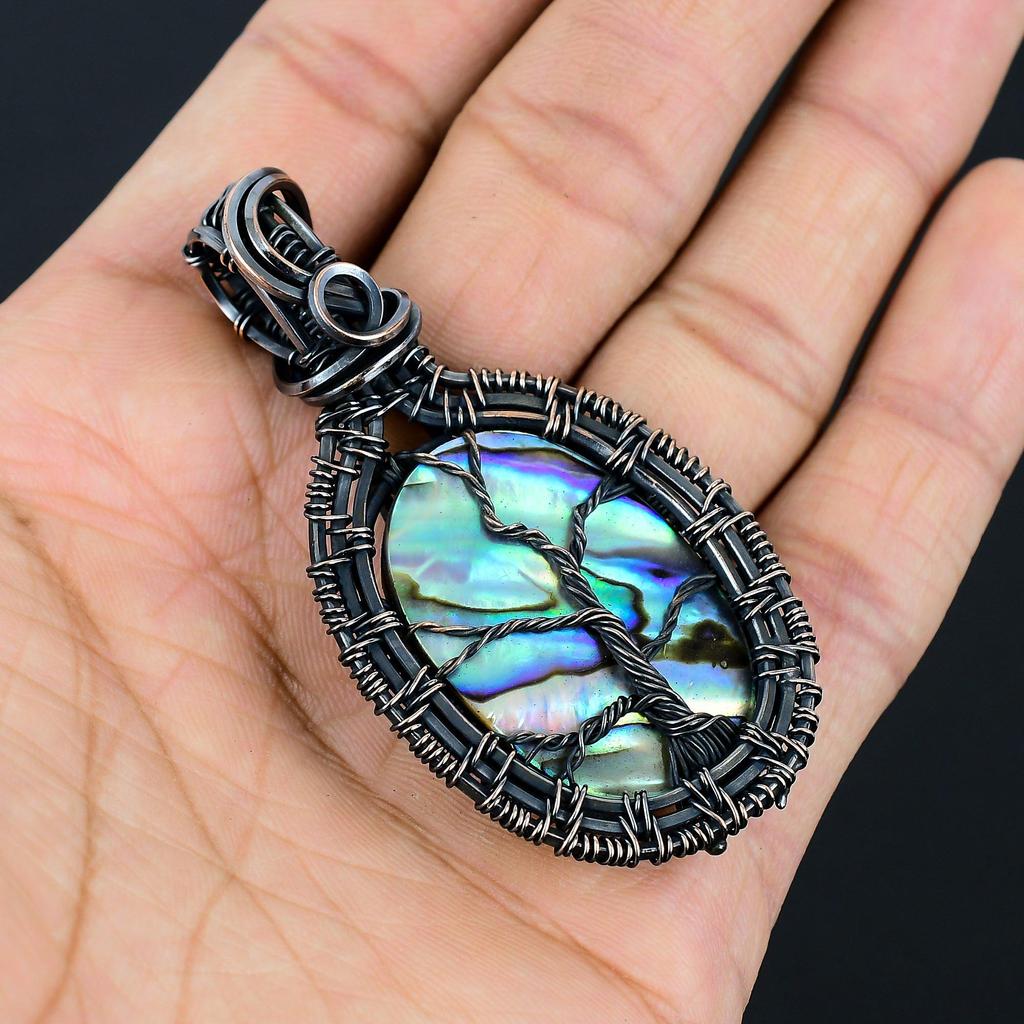 Tree Of Life Abalone Shell Gemstone Handmade Pure Copper Wire Wrap Amazing Jewelry Pendant