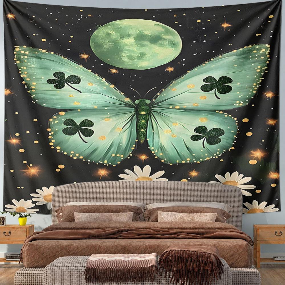 Butterfly with Moon and Clover Blossoms Pattern Wall Hanging Tapestry Decorative Tapestry Home Decor for Bedroom and Living Room