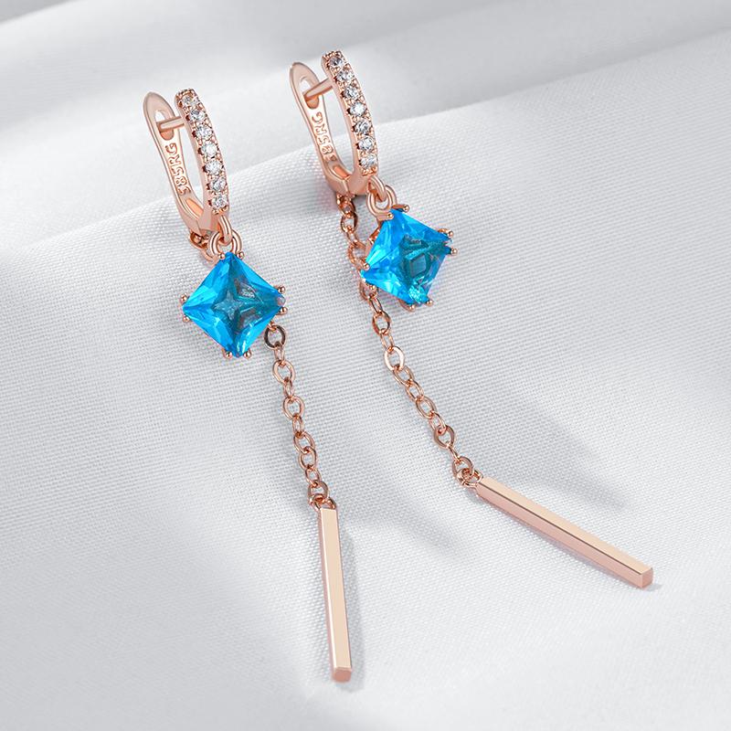 Трендовые длинные серьги-подвески с кисточками для женщин, модные, цвета розового золота, с синим натуральным цирконом, изящные повседневные украшения