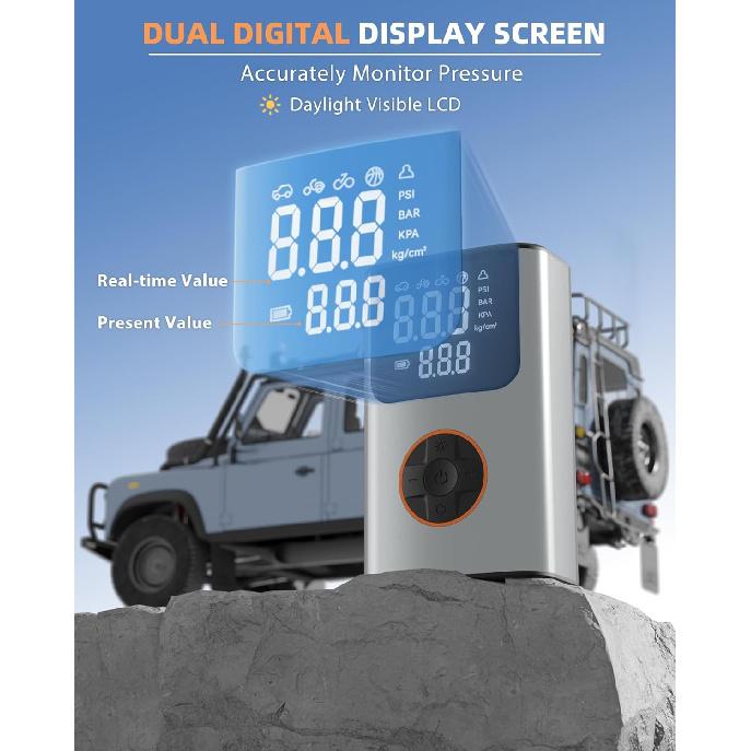 Tire Inflator Portable Air Compressor, Bike Pump, 150PSI Air Pump for Car Tires with LCD Dual Screen and Digital Tire Pressure Gauge, Air Compressor