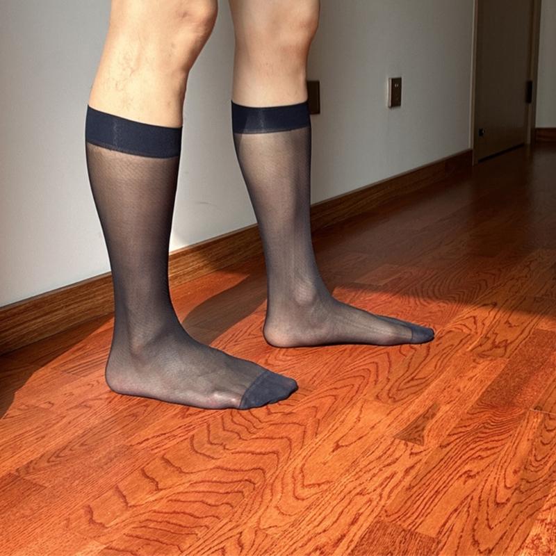 Men's Middle Calf Business Socks with Twill Pattern See Through Thin Nylon Dress Socks Stockings for Formal Occasion