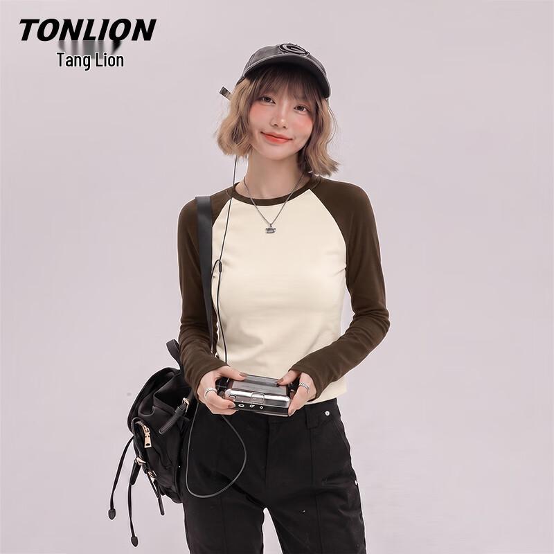 Женская футболка TonLion с длинным рукавом, круглым вырезом, цветные блоки, приталенная