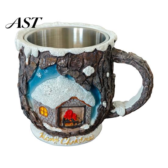 Elk Christmas Tableware Theme Mug with Stainless Steel Liner, 3D Relief Hand Creative Holiday Gifts Painted Resin Coffee Cup, Decorative Drinkware for