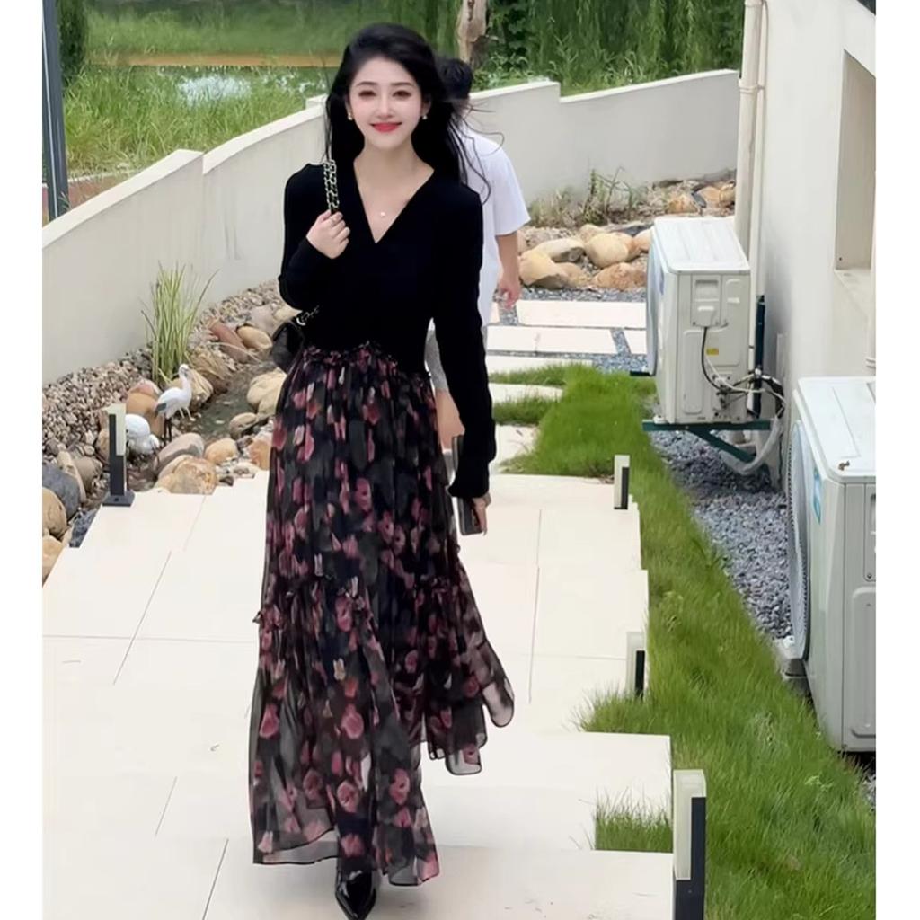 Temperament waist cinching fake two piece French floral long-sleeved dress for women
