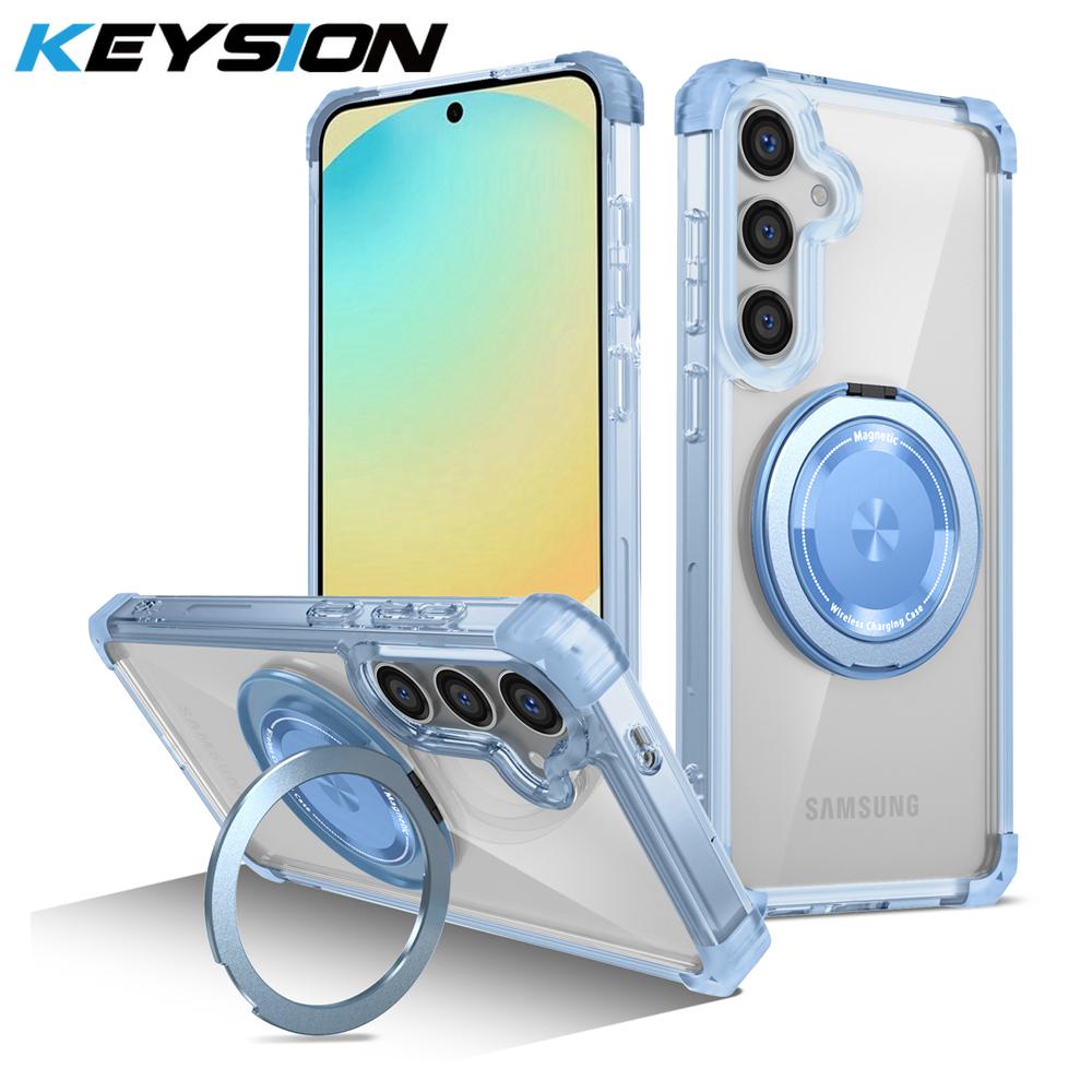 KEYSION Прозрачный чехол для MagSafe для Samsung Galaxy S24 FE 5G 360° Магнитная подставка-кольцо Беспроводная зарядка Прозрачная накладка для телефона