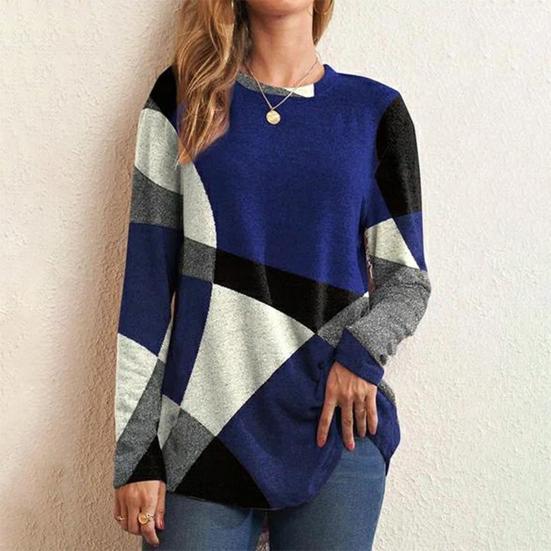 Women Tops Round Neck Long Sleeve Contrast Color Geometric Print Loose Fit Tee Shirt Casual Pullover Tops
