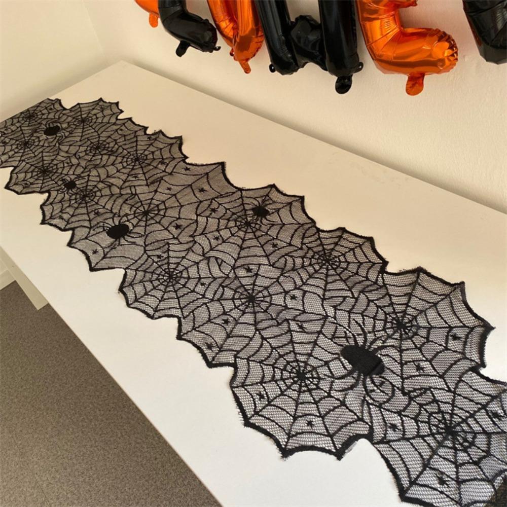 with Spider Pendant Spider Web Black Lace Table Runner Mesh Halloween Table Decoration Halloween