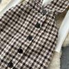 Autumn And Winter Fashionable Knitted Sweater + Bird Check Single-Breasted Straps Skirt Two-Piece Set