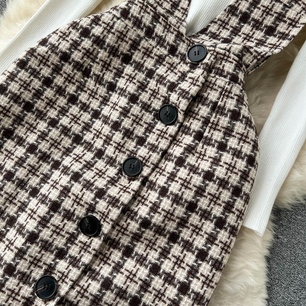 Autumn And Winter Fashionable Knitted Sweater + Bird Check Single-Breasted Straps Skirt Two-Piece Set