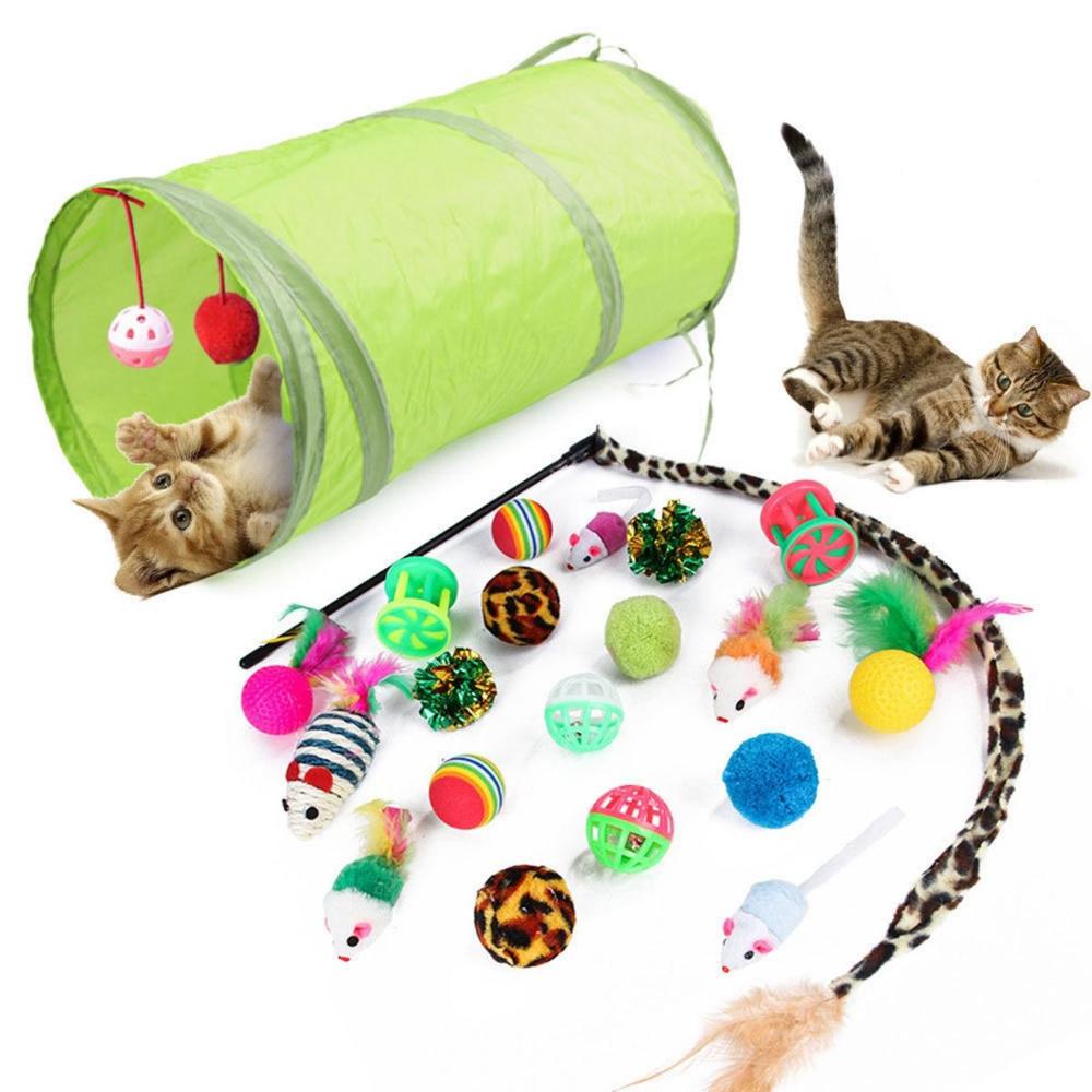 12/21PCS Playing Bulk Toy Pet Kitten Stick Mouse Collapsible Tunnel Feather Balls Cat Toys Set