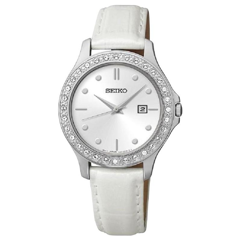 Seiko 5 метров водонепроницаемый Кварцевый кожаный ремешок 30 мм женские часы белый циферблат SXDF93