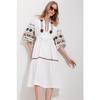 Women's White Full Collar Balloon Sleeve Lined Belted Embroidery Dress Alc-x11571