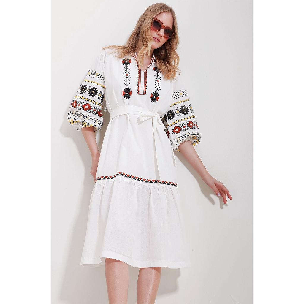 Women's White Full Collar Balloon Sleeve Lined Belted Embroidery Dress Alc-x11571