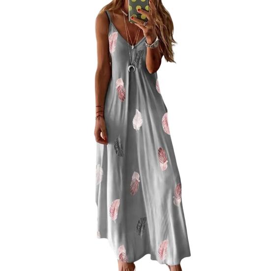 Летнее женское платье на бретельках в стиле ретро контрастного цвета с перьями свободное V-образным вырезом без рукавов в богемном стиле трапециевидной формы длиной до щиколотки отпуск макси-платье