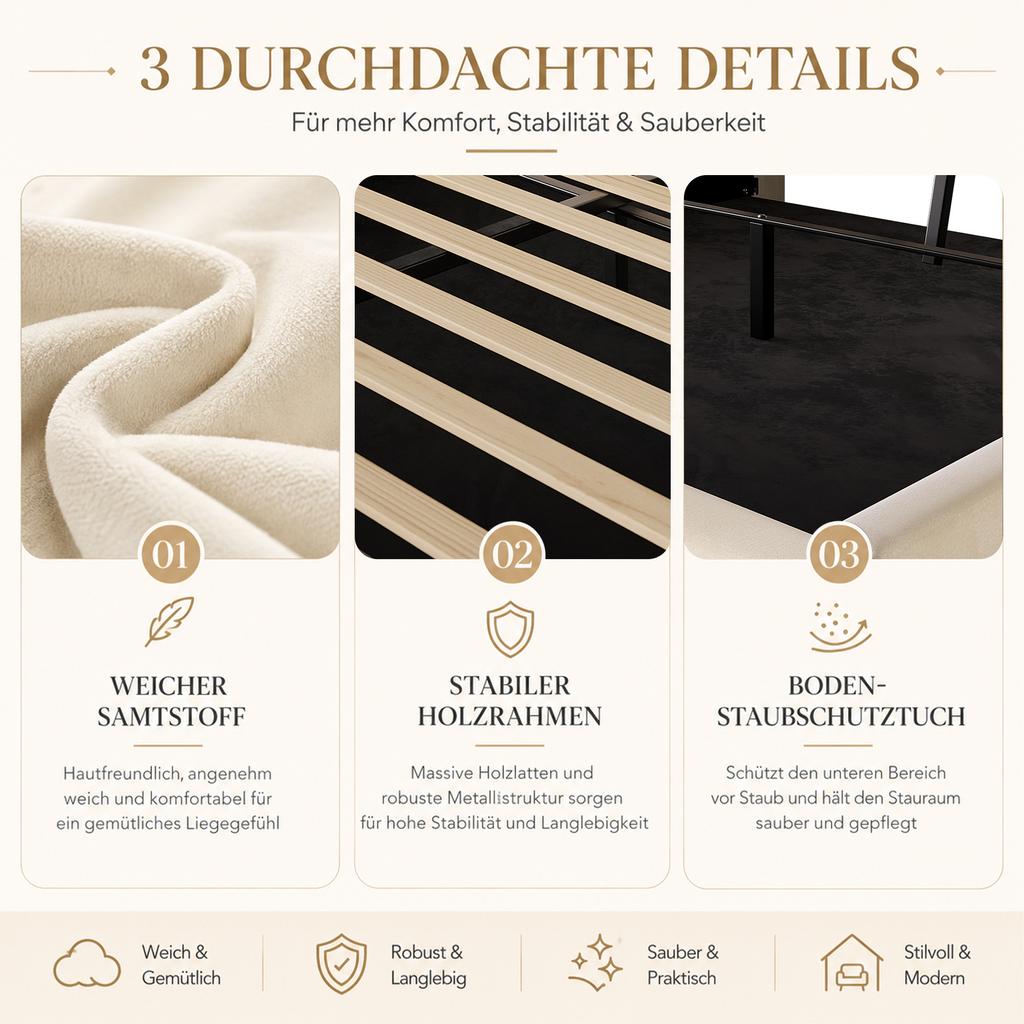 180 × 200 cm Upholstered Bed with Storage, Velvet Bed with Multifunctional Headboard, LED Lighting, 2 USB & Type-C Port, Hydraulic, Beige