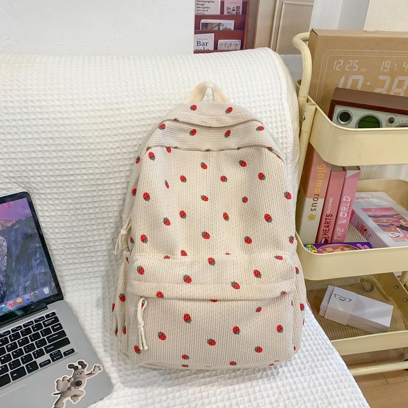 Вельветовый рюкзак с принтом клубники, школьная сумка в студенческом стиле, рюкзак большой вместимости