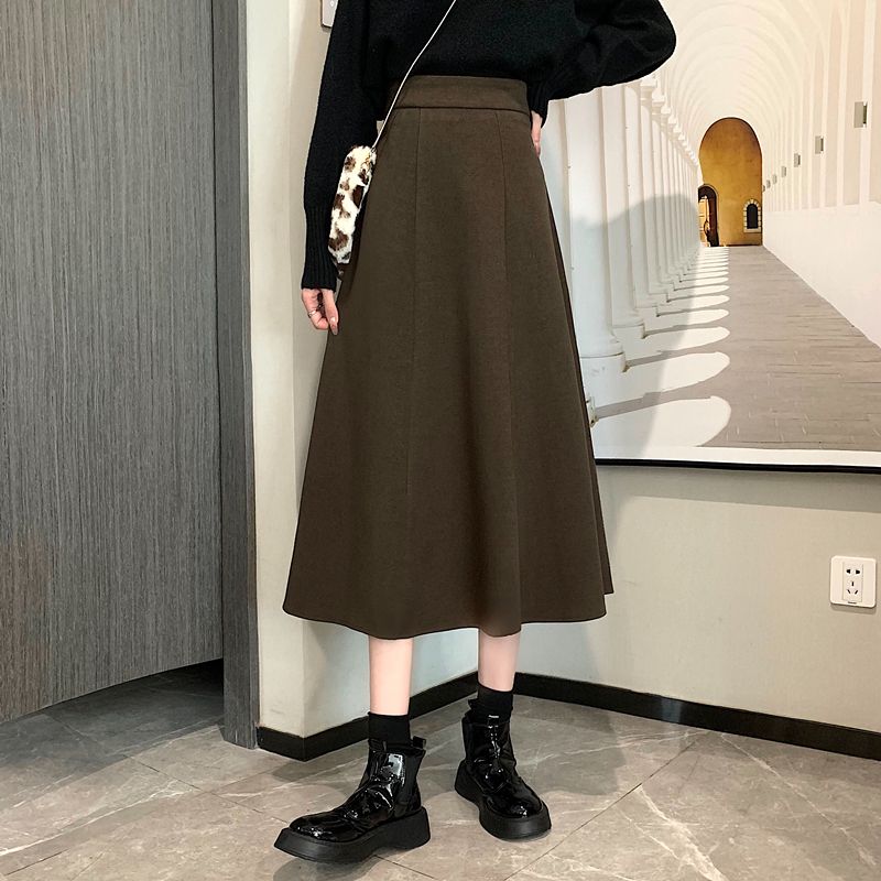 Модная черная шерстяная юбка трапециевидной формы средней длины с эластичной резинкой на талии для осенне-зимнего сезона