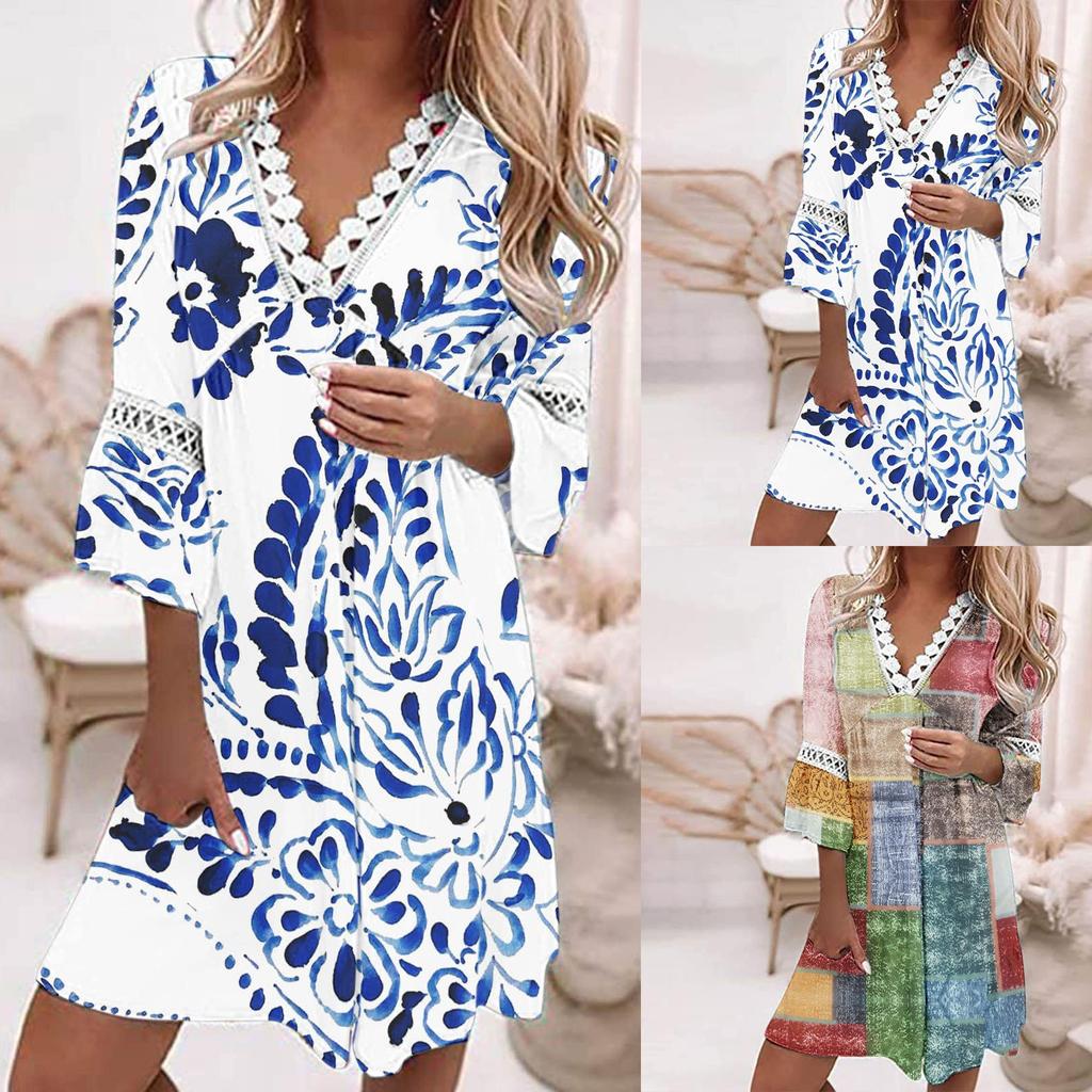 Fashion Women's V-neck Printed Lace Patchwork Bohemian Casual Resort Dress