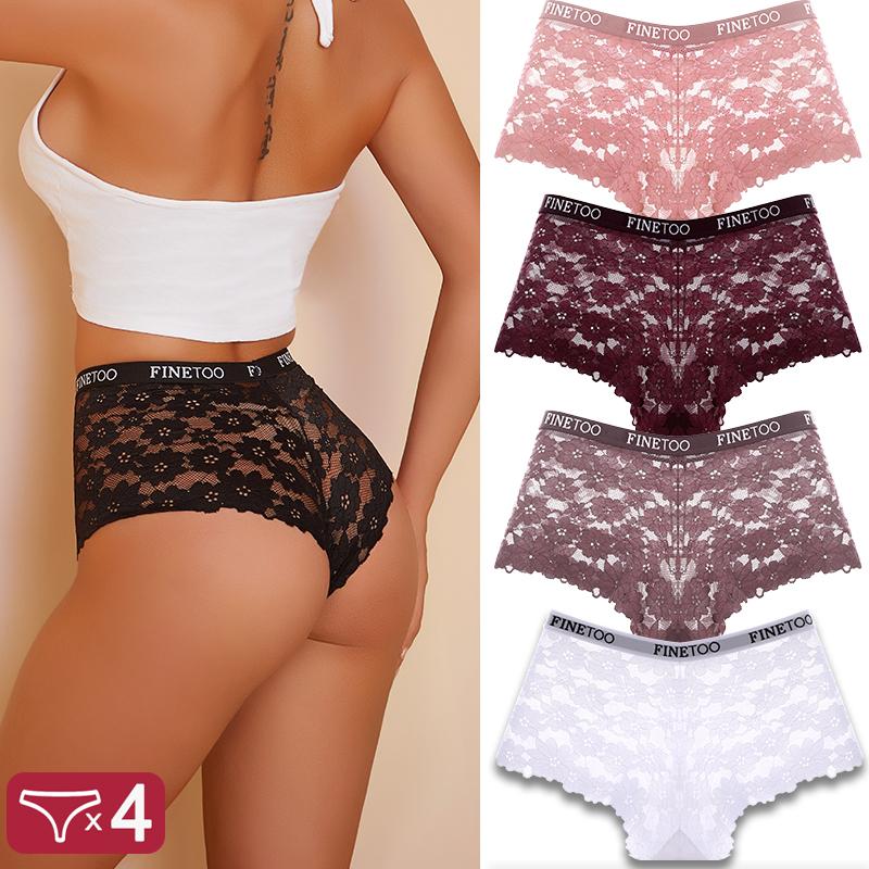 4Pcs Women Lace Floral Boyshorts Sexy Hollow Out Panties Low Waist FINETOO Briefs Female Stretch BoxerShort Lingerie Transparent