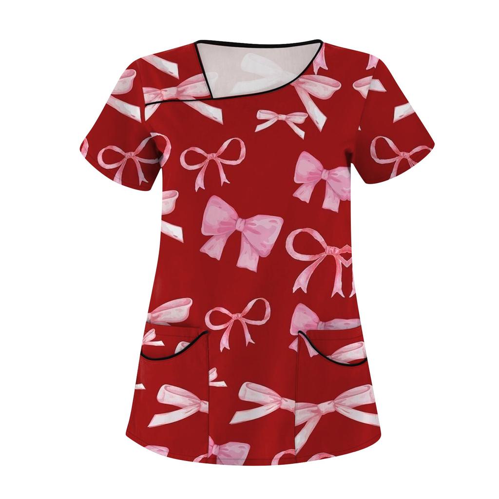 Женская мода с бантом и принтом, короткий рукав, рабочая одежда с двойными карманами