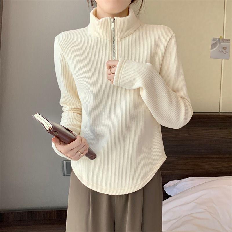 Women's Plus Size Flocked Undershirt Fleece-Lined Half Turtleneck Base Shirt Autumn Winter Warm Pullover Top