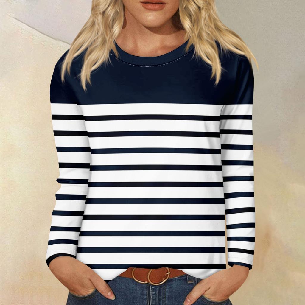 Рубашки с длинным рукавом для женщин, футболки в полоску с графическим принтом, блузки, повседневные базовые топы больших размеров, пуловеры