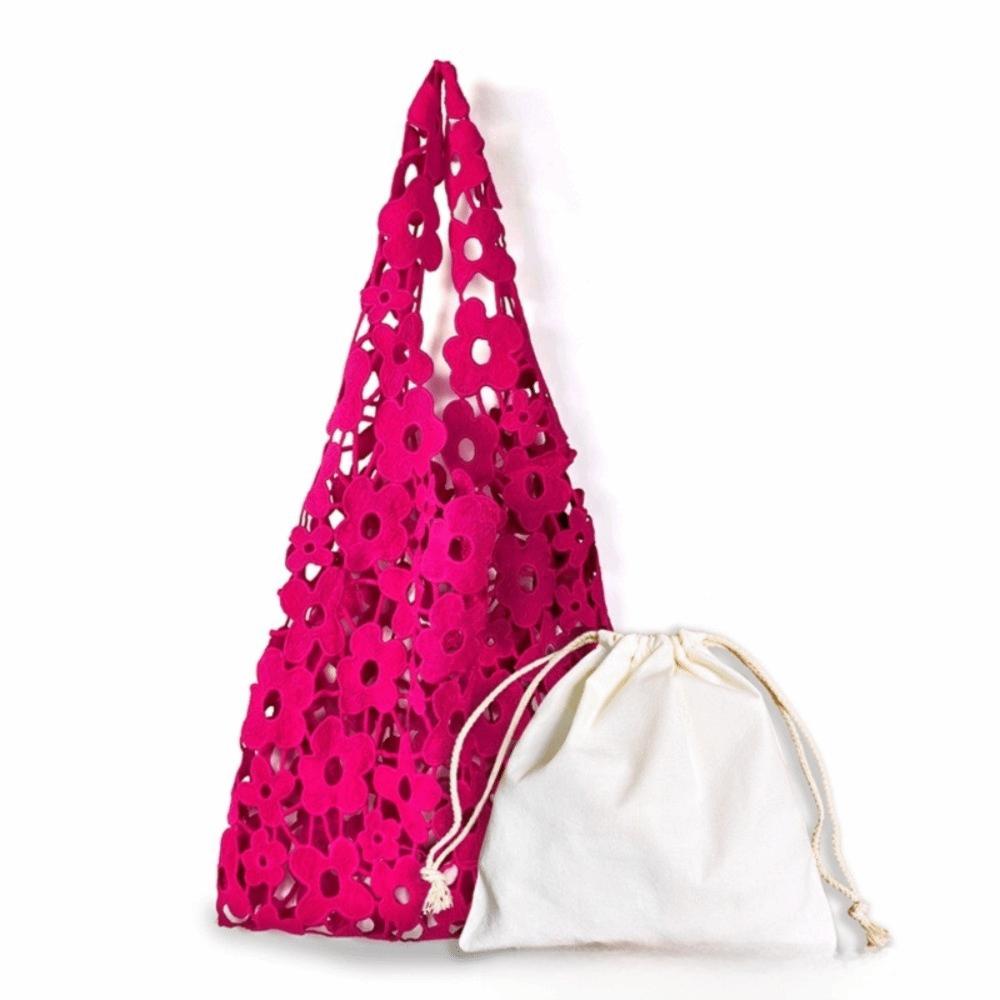 Vintage Woven Flower Tote Bag Large Capacity Soft Hollow Out Embroidered Handbag Polyester Fiber Has Inner Pocket