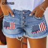 Ribbed Printed Patch Denim Shorts Women's Torn Fringe Shorts