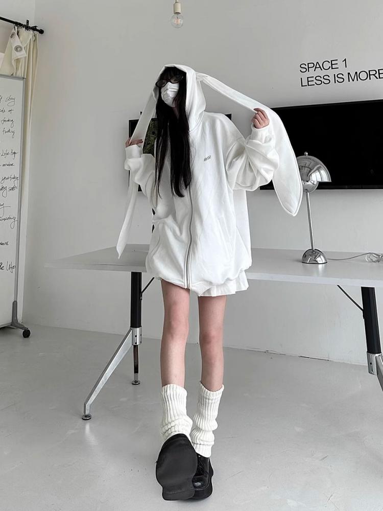 Белые кавайные толстовки на молнии с заячьими ушками, женские японские укороченные толстовки с длинными рукавами, женская одежда в консервативном стиле, осенняя одежда