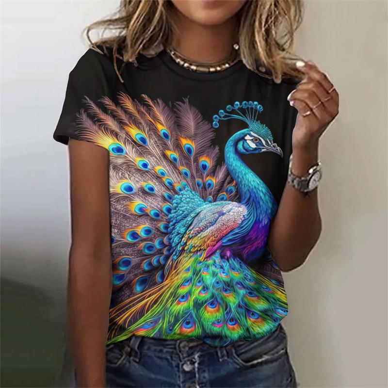 Красивая футболка с узором павлина для женщин, цветочные футболки с 3D-принтом, модные свободные футболки с короткими рукавами и круглым вырезом