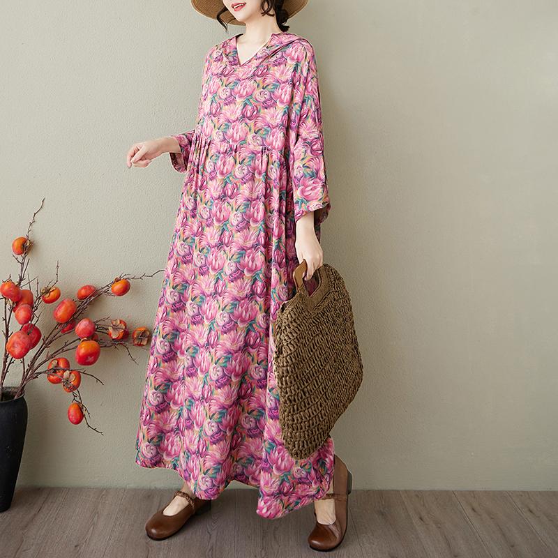 DIMANAF 2025 Лето Женское Платье Большого Размера Винтажное Базовое Платье Цветочное С Капюшоном Плиссированное Повседневное Длинное Свободное Платье Макси