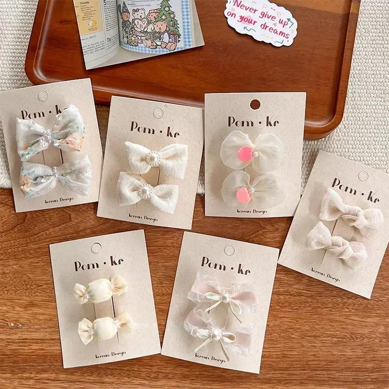 2 шт./комплект, милая заколка для волос принцессы для девочки, бежевый цвет, кружевной бант, конфетная заколка для волос для малышей, полная ткань, детская челка, боковая заколка