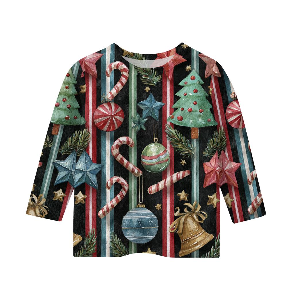 Children's 3/4 Sleeve Round Neck Top Christmas Tree Printed Everyday Casual Top
