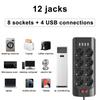Умная розетка, кабель 2 м, 8 розеток, 4 USB-порта для быстрой зарядки — черная розетка