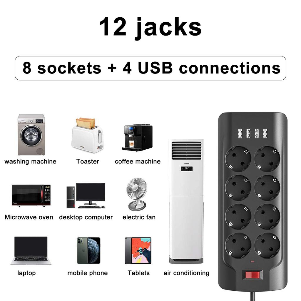 Умная розетка, кабель 2 м, 8 розеток, 4 USB-порта для быстрой зарядки — черная розетка